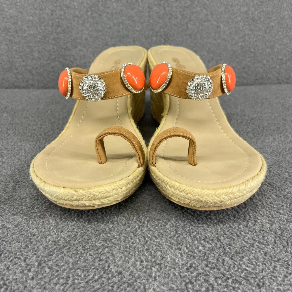 Skemo Wedge Sandals Womens 10‎ Tan Coral Embellished Espadrille Boho Rhinestone